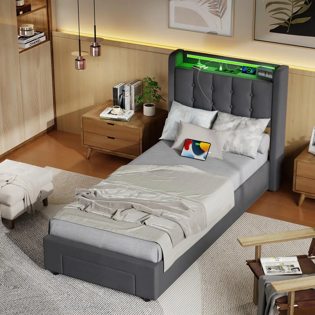 Lit enfant 90x200 avec tiroirs et prises USB intégrées gris clair