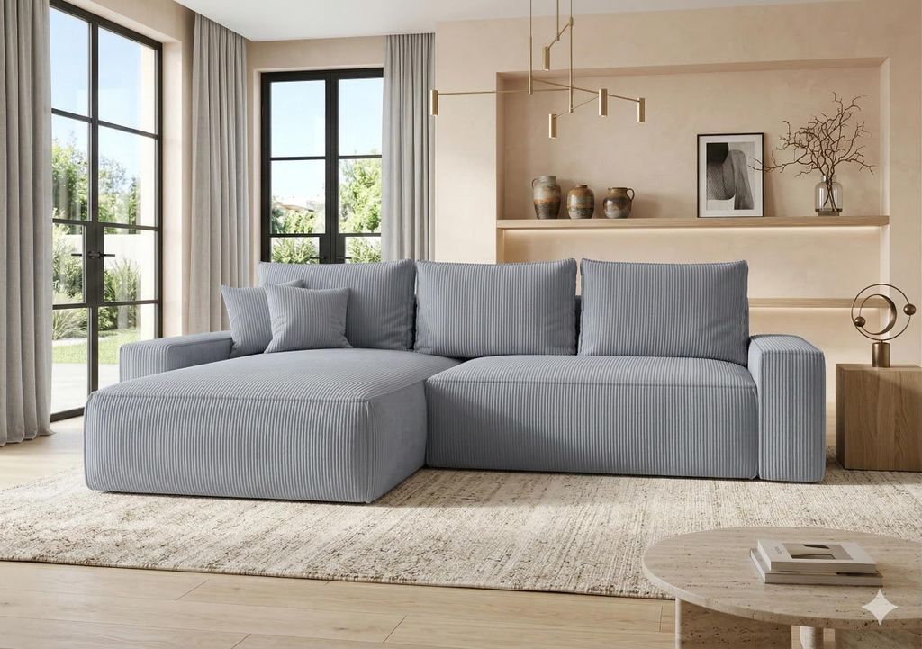 CORNERO Ecksofa mit Schlaffunktion CALIFORNIA in L-Form mit Bettkasten Sofa mit Schlaffunktion Couch mit Stauraum Grau Ottomane links