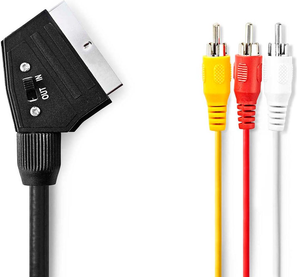 Nedis SCART-Kabel | SCART Stecker | 3x Cinch-Stecker | Vernickelt | Schaltbar | 480p | 2.00 m | rund | PVC | Schwarz | Plastikbeutel NE550677637