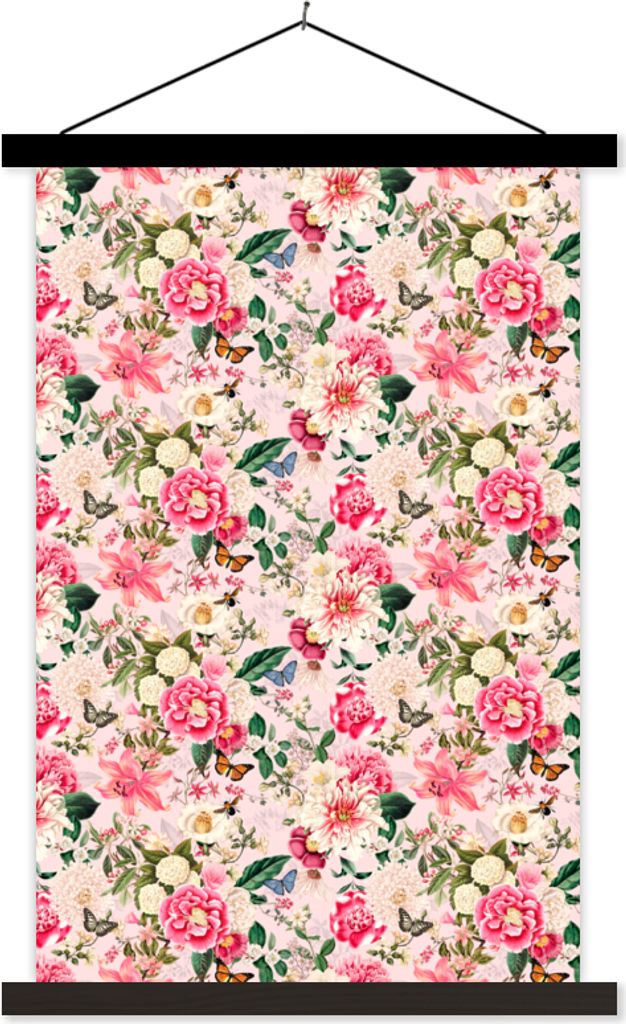 MuchoWow Textilposter Blumen - Rosa - Muster 60x90 cm mit schwarzem Rahmen - Poster Wohnzimmer