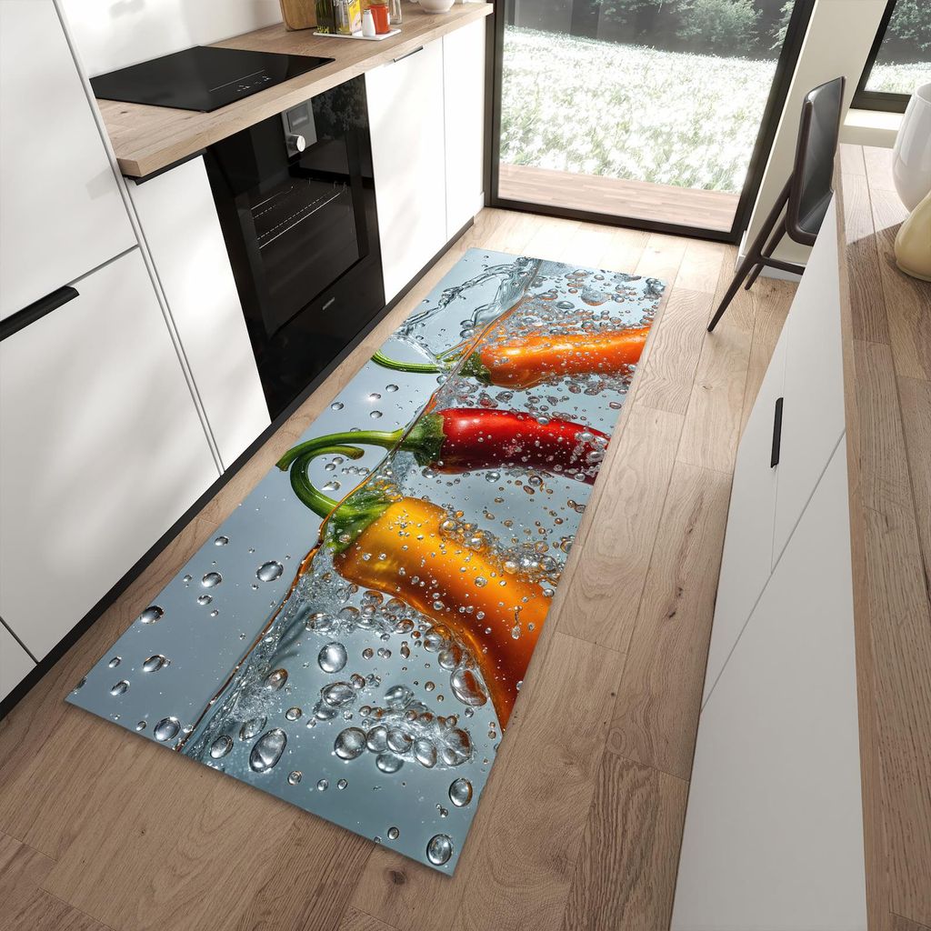 Küchenteppich 90x240cm rutschfest & abwischbar PVC Läufer - In Wasser Paprika
