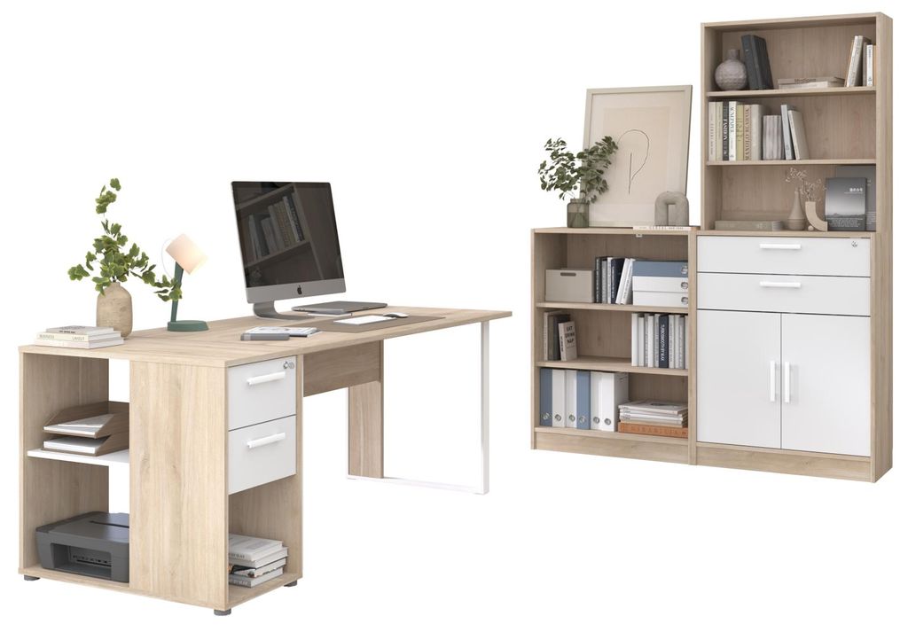 Büromöbel Set "Remote" in Eiche und Weiß mit Schreibtisch, Container und Stauraumregal