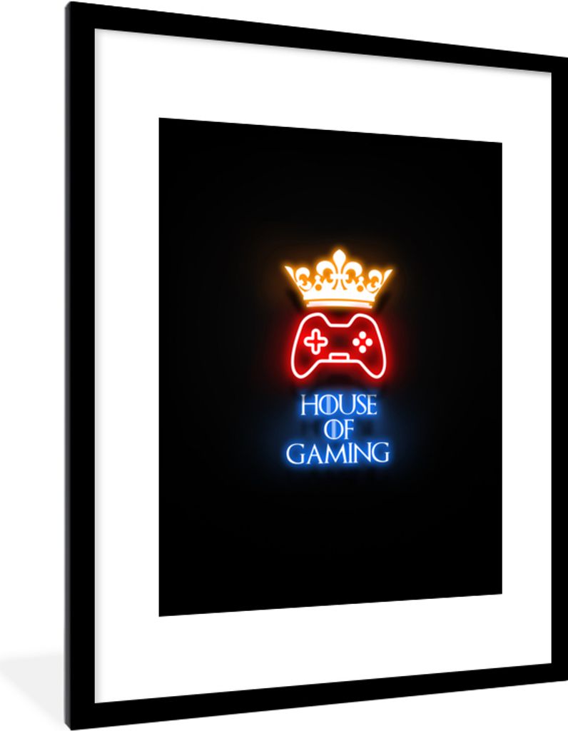 MuchoWow Gerahmtes Poster Zitate von Spielen - Neon - Haus des Spiels - Krone - Text 60x80 cm - Poster mit Schwarzem Bilderrahmen Wandposter Rahm...