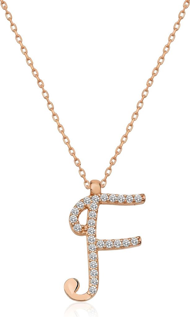 Damen Kette 925 Silber Buchstabe F Zirkonia Rosegold