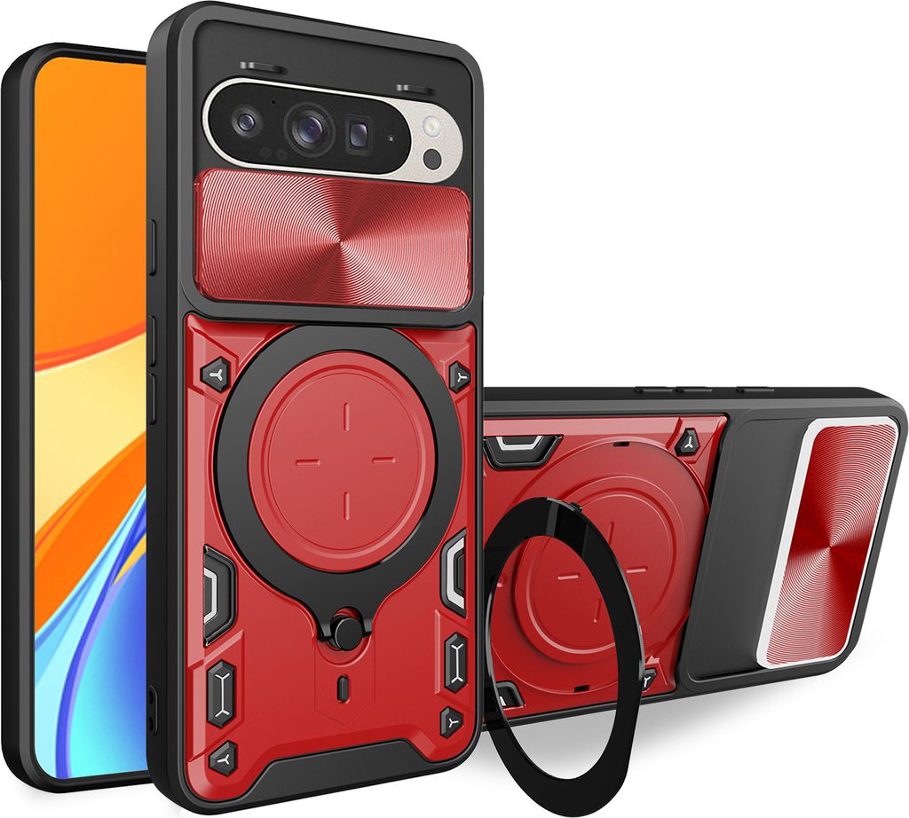 Handyhülle für Google Pixel 10 /Pixel 10 Pro Dual-Layer Stoßfest Rüstung Hülle mit Dia Kameraschutz und Kreisförmig Ring Ständer Rot