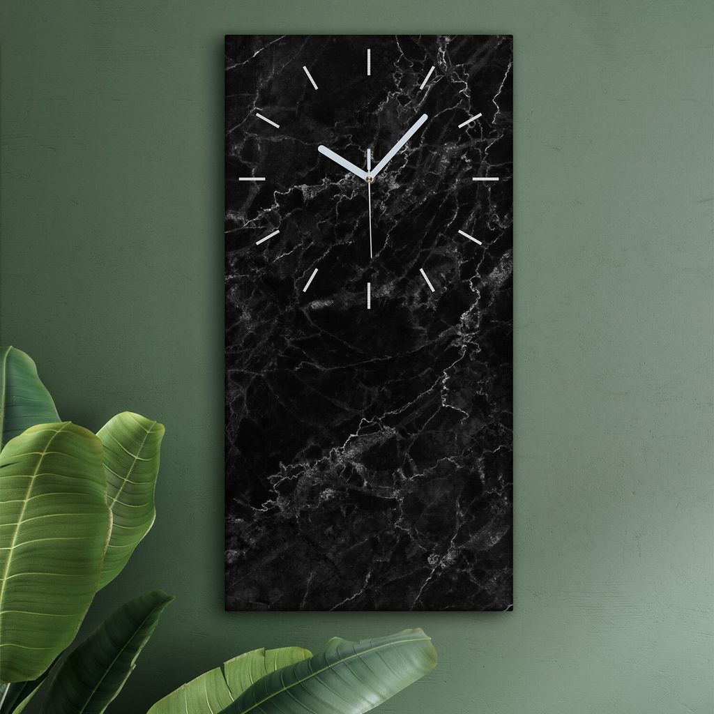 Wohnzimmer Leinwand Uhr Geräuschlos Küche 30x60 Schwarzer, Marmor, Textur, weiße Zeiger
