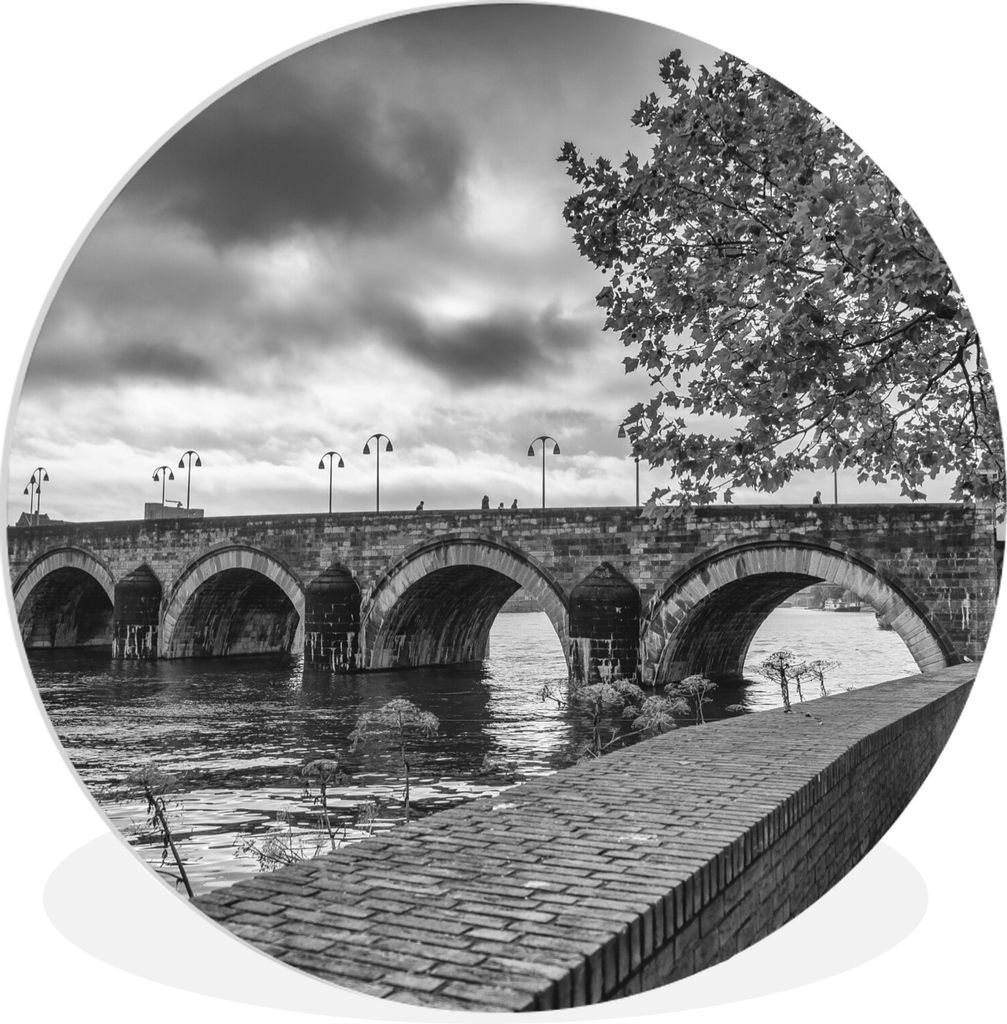 MuchoWow Rundes Wandbild - Runde Bilder Brücke - Maastricht - Schwarz - Weiß Ø 30 cm Kreis Wanddekoration Kunststoff - Wandkreis - Wandschmuck...