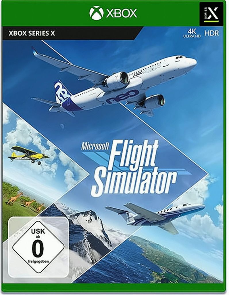 Collage of different aircraft and landscapes, representing the "Microsoft Flight Simulator" video game.