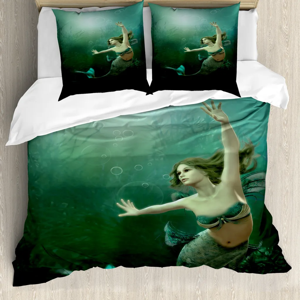 Housse de couette ABAKUHAUS Mermaid 200x200 cm avec taies Vert Jade