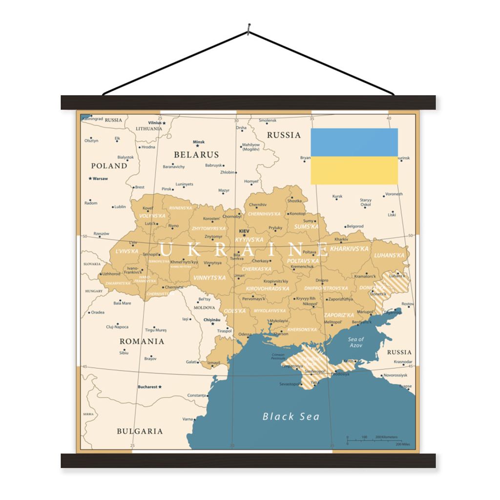 MuchoWow Textilposter Illustration einer Karte der Ukraine mit der Flagge 120x120 cm mit schwarzem Rahmen - Aufhängungsset