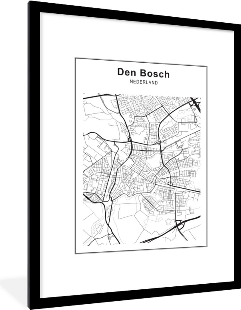 MuchoWow Gerahmtes Poster Stadtplan - Den Bosch - Schwarz und Weiß 60x80 cm - Poster mit Schwarzem Bilderrahmen Wandposter Rahmen Foto Bilder - ...