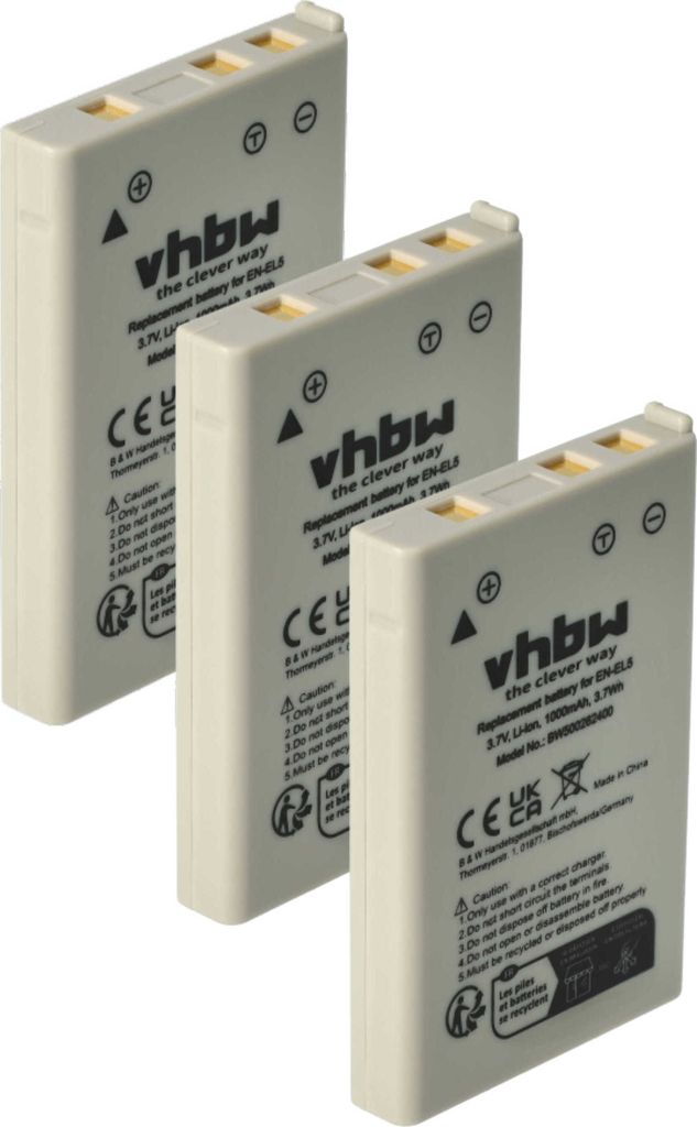 vhbw 3x Akku Ersatz für Nikon EN-EL5 für Kamera (1000 mAh, 3,6 V, Li-Ion)
