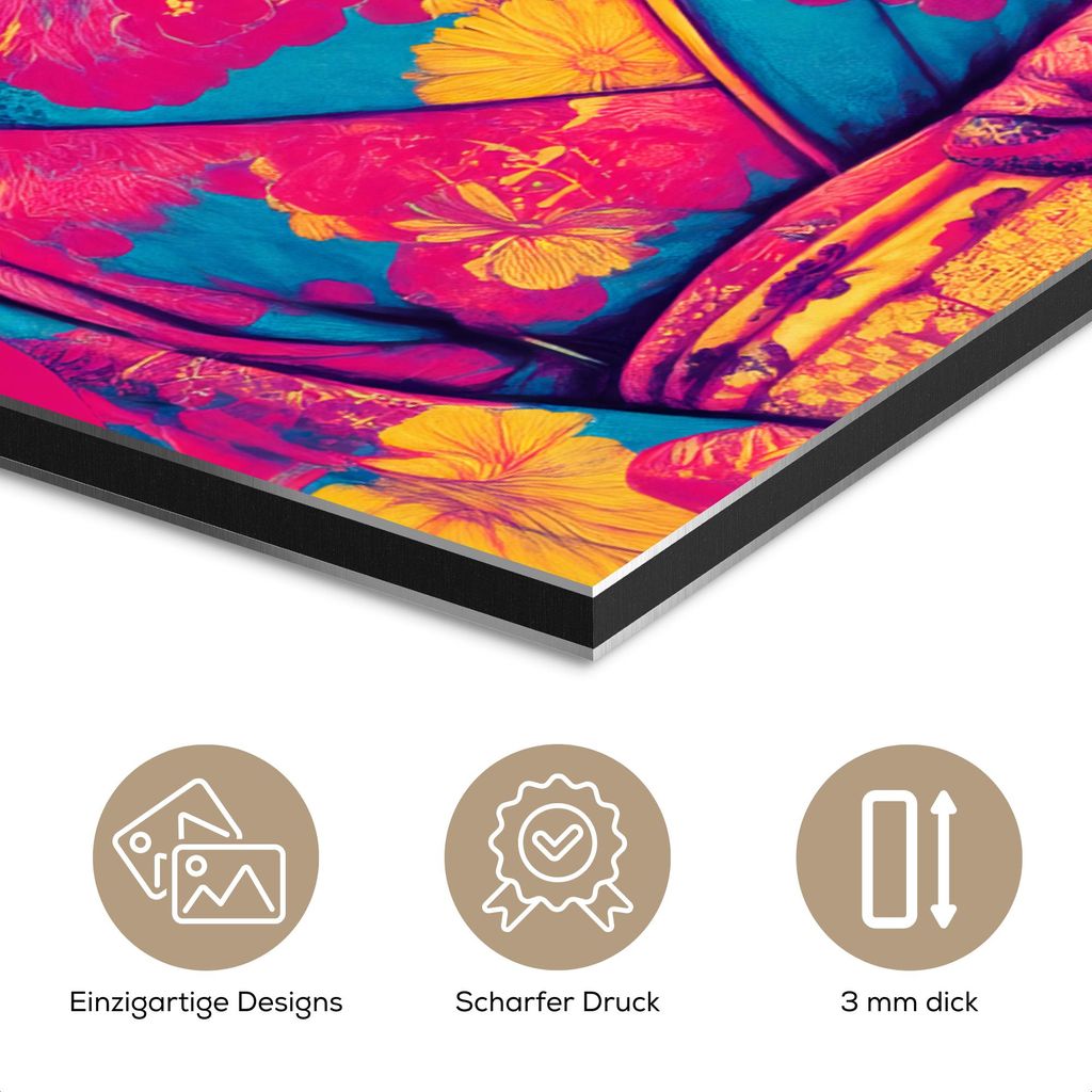 MuchoWow Wanddekoration Metall Metallbild Wandkunst 60x90 cm Kaninchen - Blumen - Farbenfroh - Kimono MuchoWow Aluminium Gemälde - Wandbilder - Al...