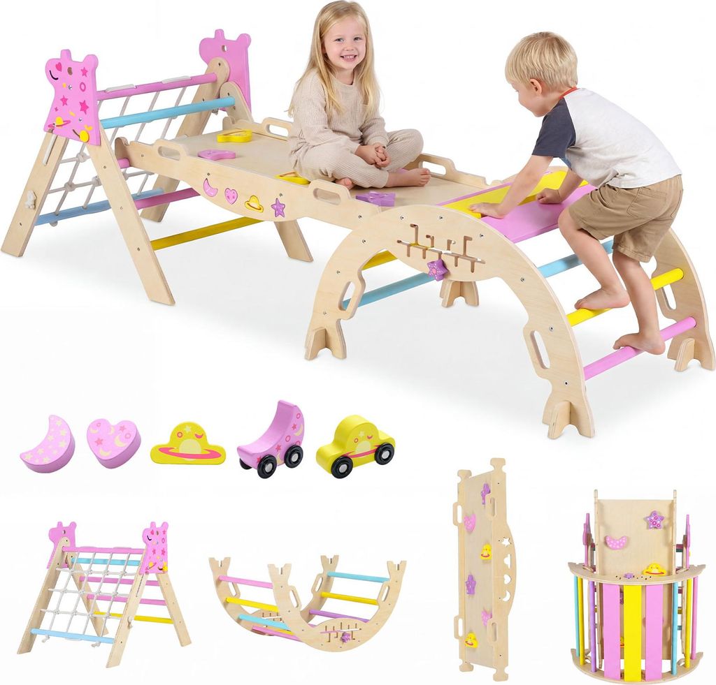COSTWAY Klettergerüst Indoor 3er Set, mit Rutsche, Kletterbogen, Netz, inkl. doppelseitige Rampe, Baustein Set&2 Autos, für Kinder ab 3 Jahre
