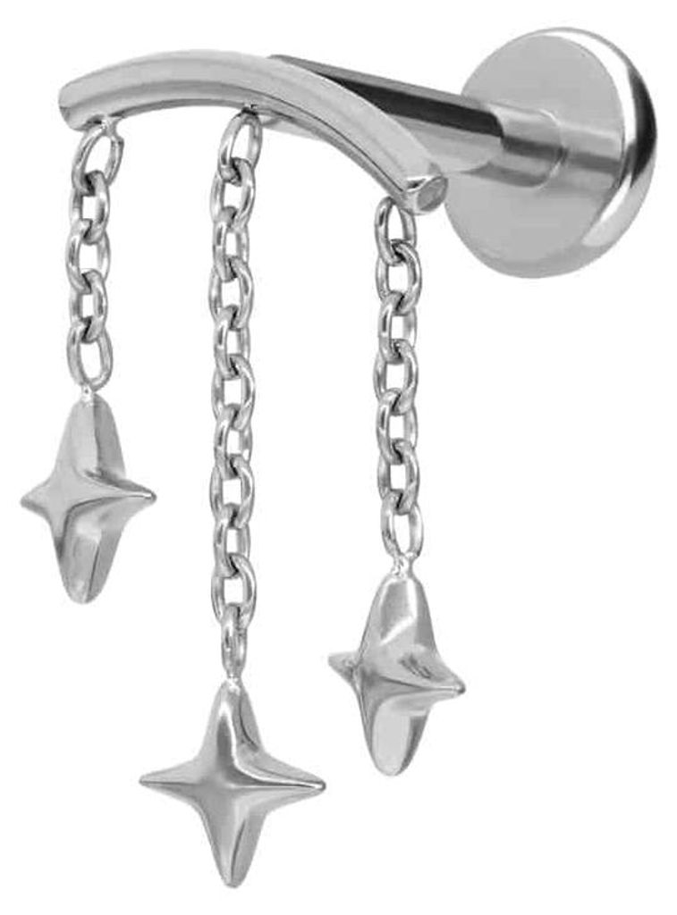 Ohrpiercing, Nasenpiercing Titan Labret mit Push Fit BOGEN + 3 STERNE Silber Stablänge: 10mm | Stabstärke: 1,2mm