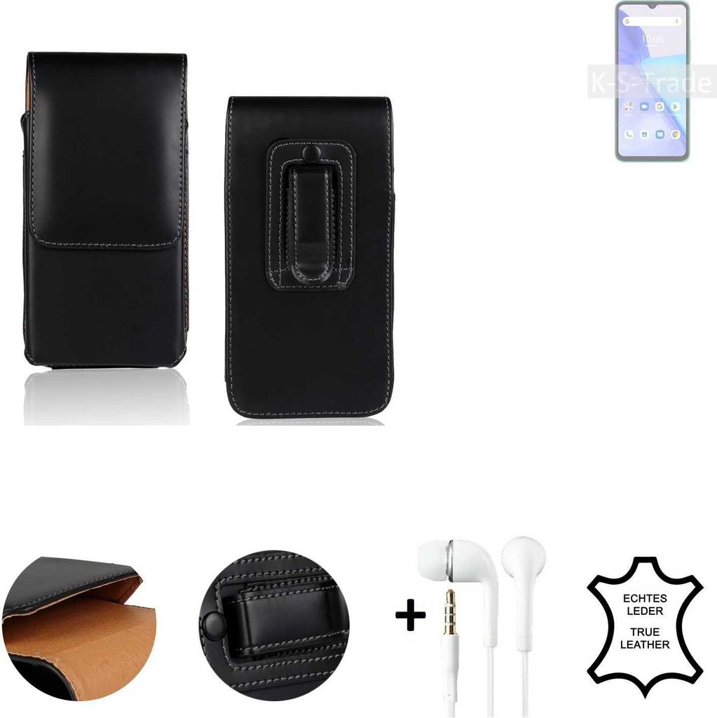 K-S-Trade Leder Gürteltasche + Kopfhörer kompatibel mit UMIDIGI Power 5 Seitentasche Belt pouch Holster Handyhülle Schutz Hülle Etui schwarz 1x