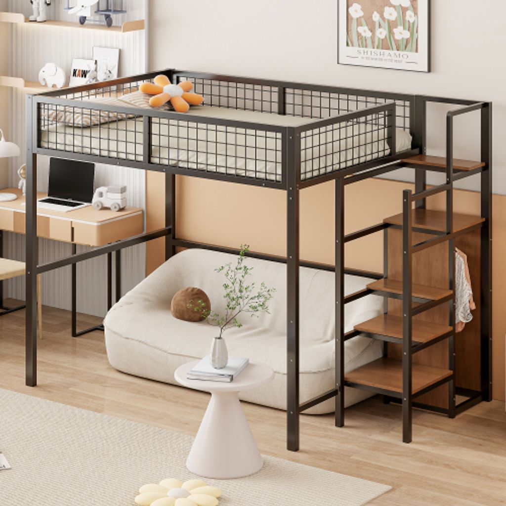 MODFU Etagenbett Kinderbett 140x200cm mit Eisenrahmen, Hochbett mit Rausfallschutz und Leiter, Metallbett Stockbett mit Lattenrost und Aufbewahrung...