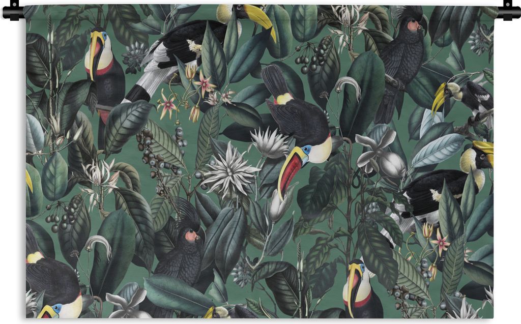 MuchoWow Wandteppich Wandbehang Blumen - Vogel - Collage 90x60 cm Tapisserie Dekoration Wandtuch - Wandskulpturen - Bildteppich