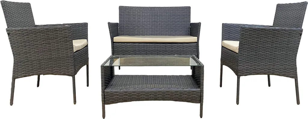 Rebecca Mobili Salon de Jardin Gris en Poly Rotin, 4 Places avec Coussins