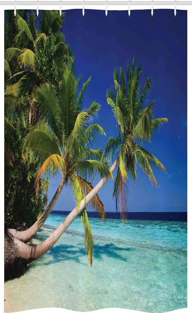 ABAKUHAUS Vacanze Tenda da doccia stretta, Malediven Bay Resort, Set decorativo per bagno in tessuto con ganci, 120 x 180 cm, turchese blu navy