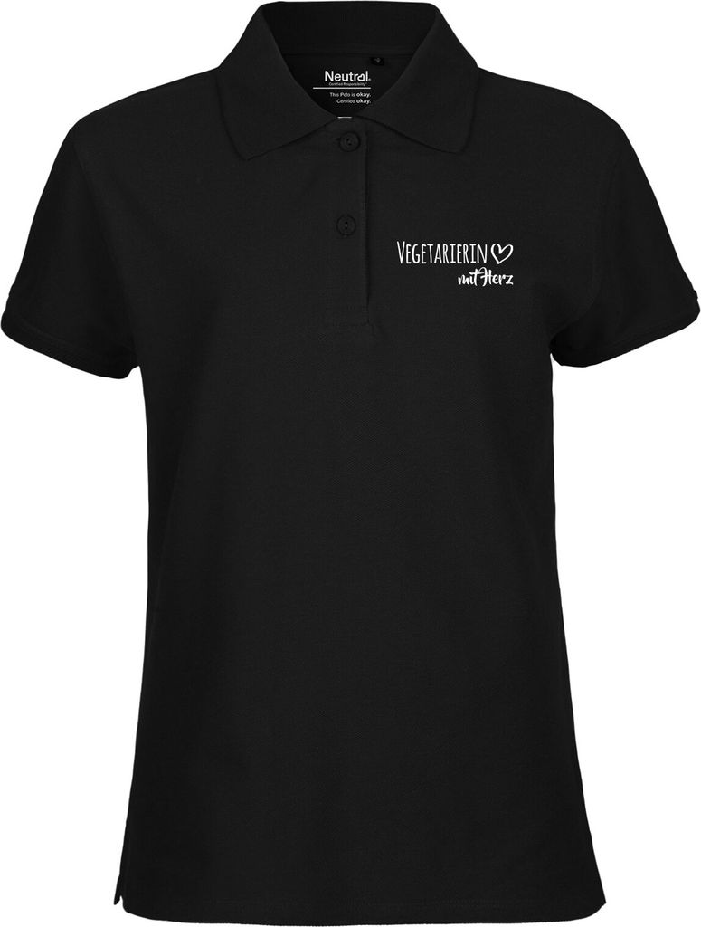Huuraa Damen Polo Shirt Vegetarierin mit Herz S Black Bio Baumwolle Fairtrade Poloshirt Geschenkidee