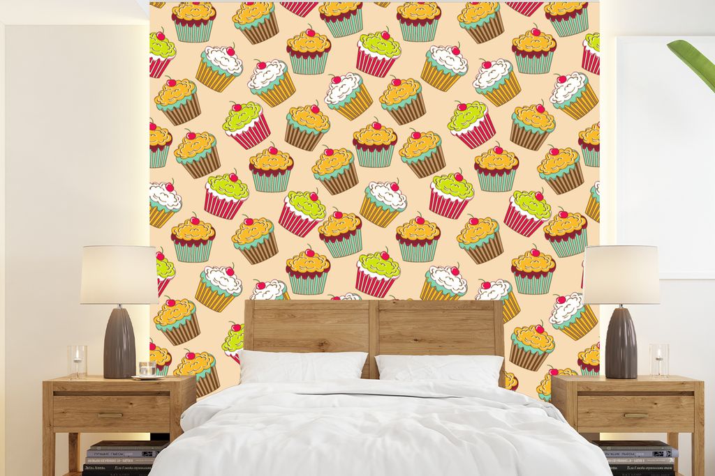 MuchoWow Fototapete für Wohnzimmer oder Schlafzimmer Wandtapete Vinyl Motivtapete Muster - Lebensmittel - Cupcake - 200x220 cm - Vinyltapeten