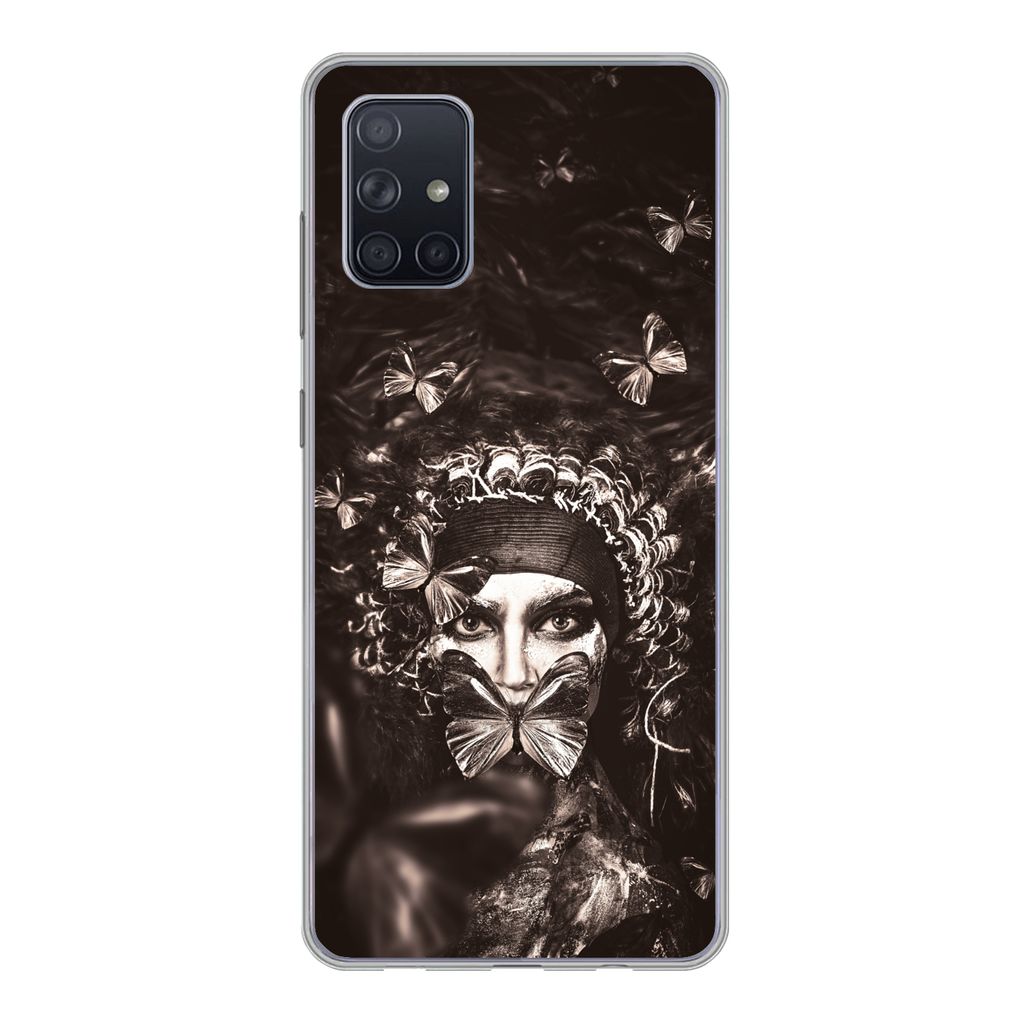 MuchoWow Handyhülle Schutzhülle Hülle für Samsung Galaxy A51 Frau - Schmetterling - Schwarz - Weiß Silikon Softcase Handy Hülle - Schutzabd...