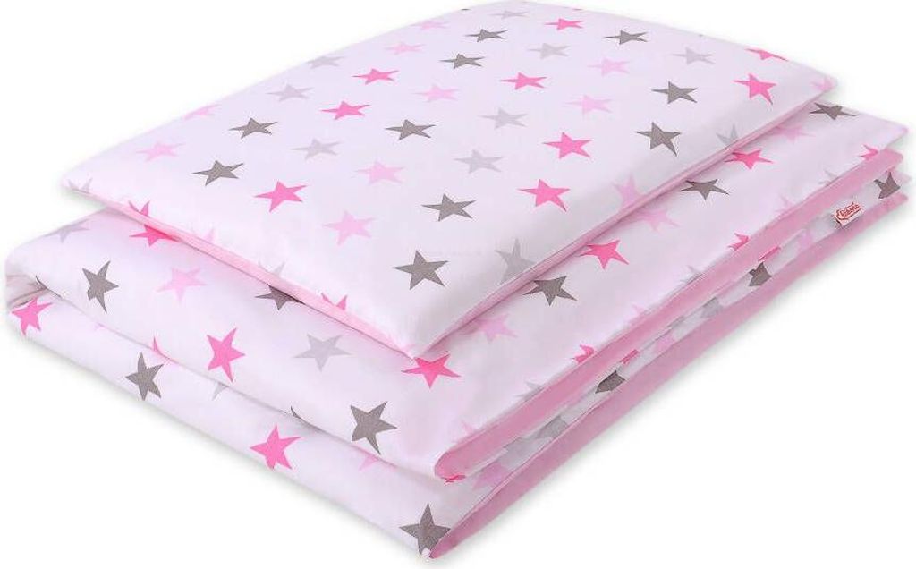 Doppelseitiges 2-teiliges Kinderbettwäscheset aus Baumwolle - grau-rosa/rosa Sterne