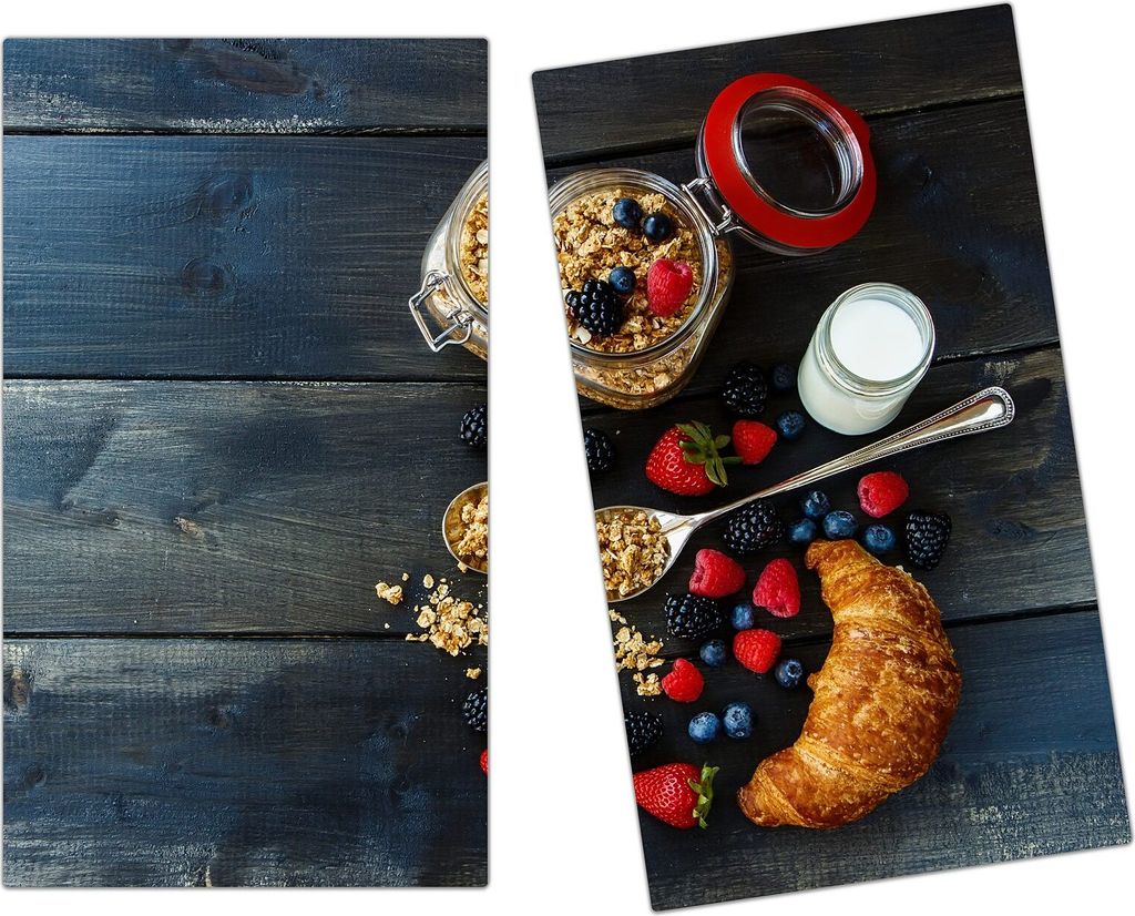 Spritzschutz Herdabdeckplatte Schneidebrett aus Glas Croissant und Joghurt 2-Teilig (60x52cm)