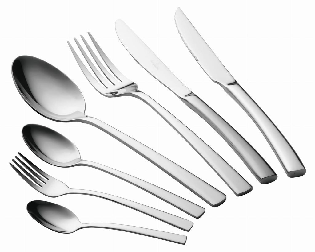 A collection of silverware arranged diagonally on a white background.