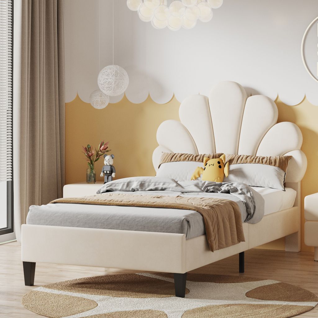 Gepolstertes Einzelbett 90 x 200 cm – blumenförmiges Kopfteil – Lattenrost – Samt – Beige