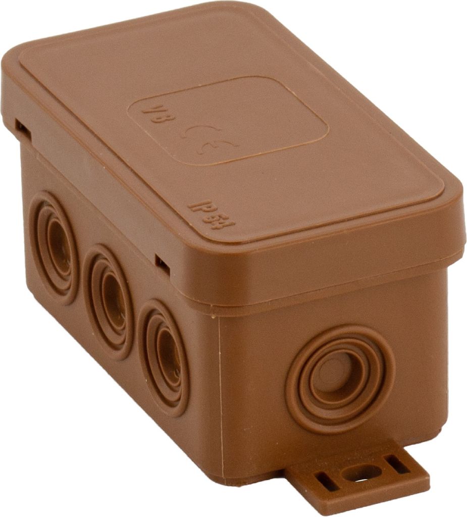 A brown electrical junction box with multiple entry points.