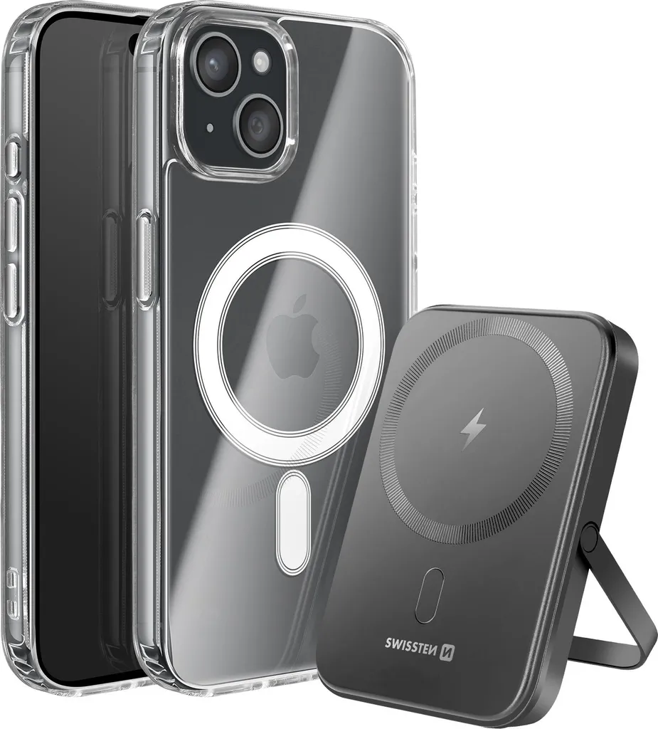 Kit Swissten MagSafe iPhone 15: Cover Trasparente e Batteria 5k