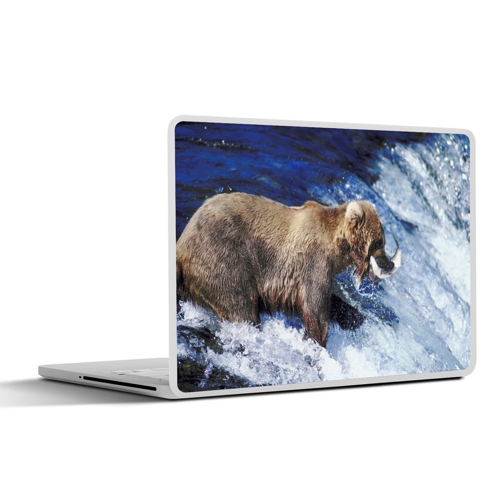 MuchoWow Laptop Aufkleber Sticker Cover Bär - Fisch - Wasserfall 32.5x23.5 cm - Sticker für Laptop - Selbstklebend
