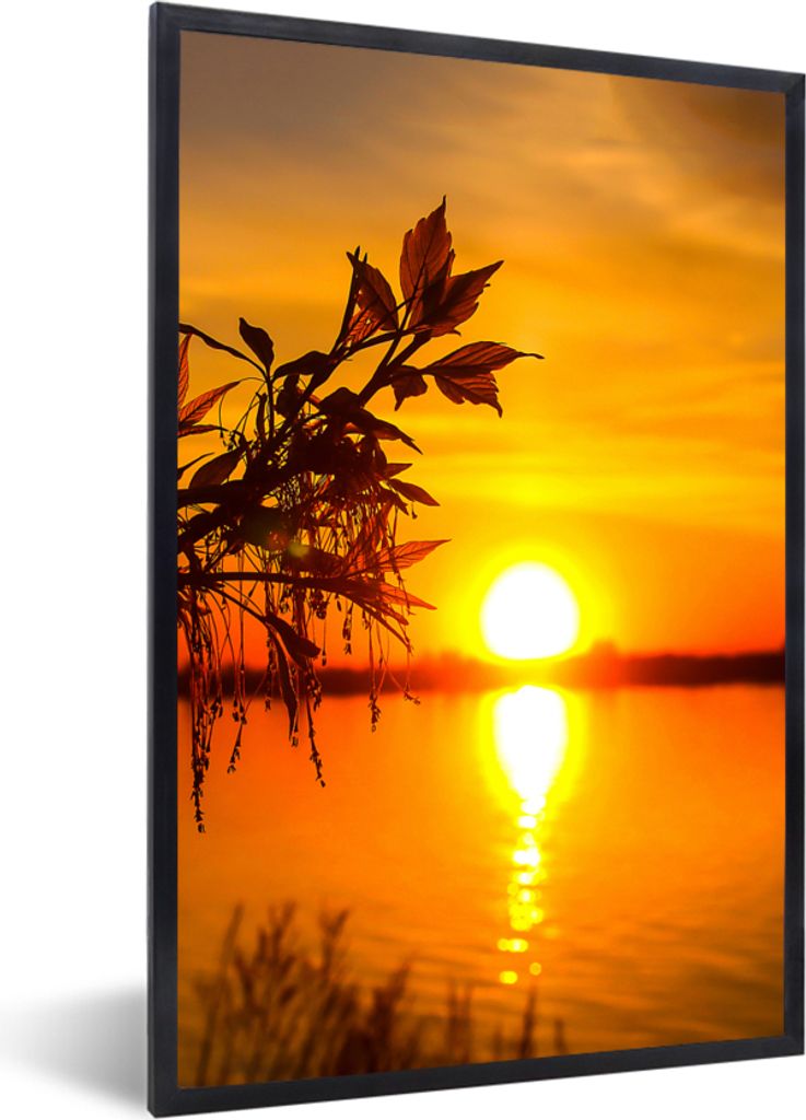 MuchoWow Gerahmtes Poster Sonnenuntergang - Wasser - Pflanzen - Orange 20x30 cm - Poster mit Schwarzem Bilderrahmen Wandposter Rahmen Foto Bilder...