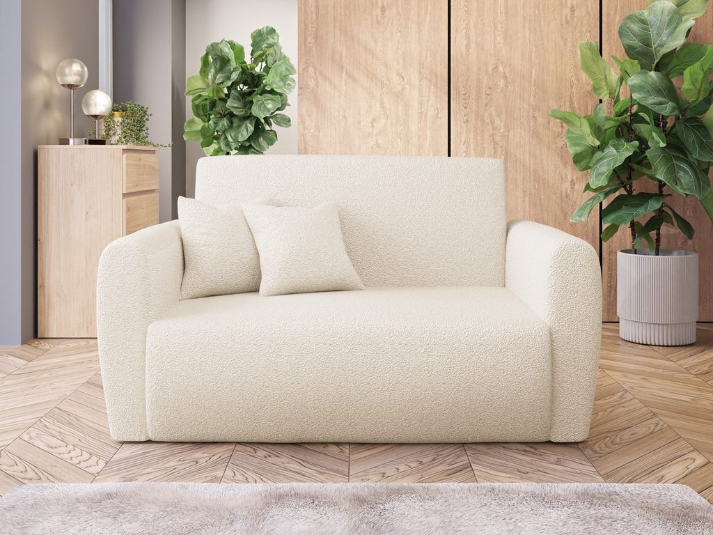 Easy4You 2 Sitzer Sofa LA in Bouclé-Stoff Creme – Schlafsofa mit Automatischem Ausziehmechanismus, Stauraum für Bettwäsche – Moderne Couch m...