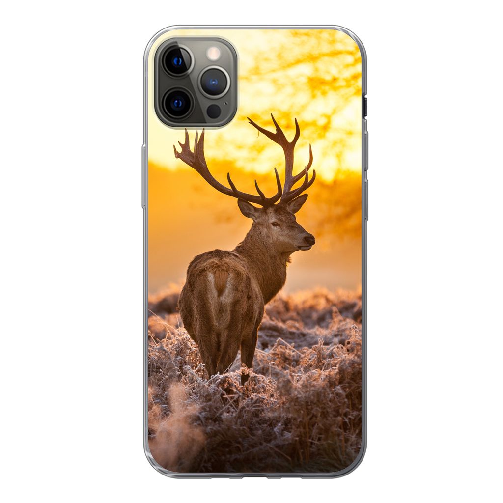 MuchoWow Handyhülle Schutzhülle Hülle für iPhone 13 Pro Max Hirsche - Tiere - Sonnenuntergang - Winter - Heidekraut - Natur Silikon Softcase ...