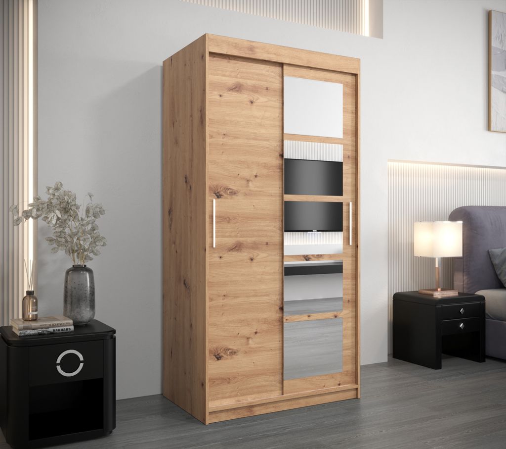 Kleiderschrank mit Spiegeln ARABELA – Breite 100 cm, Eiche handgefertigt