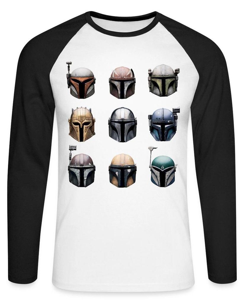 Star Wars: Mandalorian Mandalorianische Helme Baseball Langarmshirt Herren, 3XL, Weiß/Schwarz