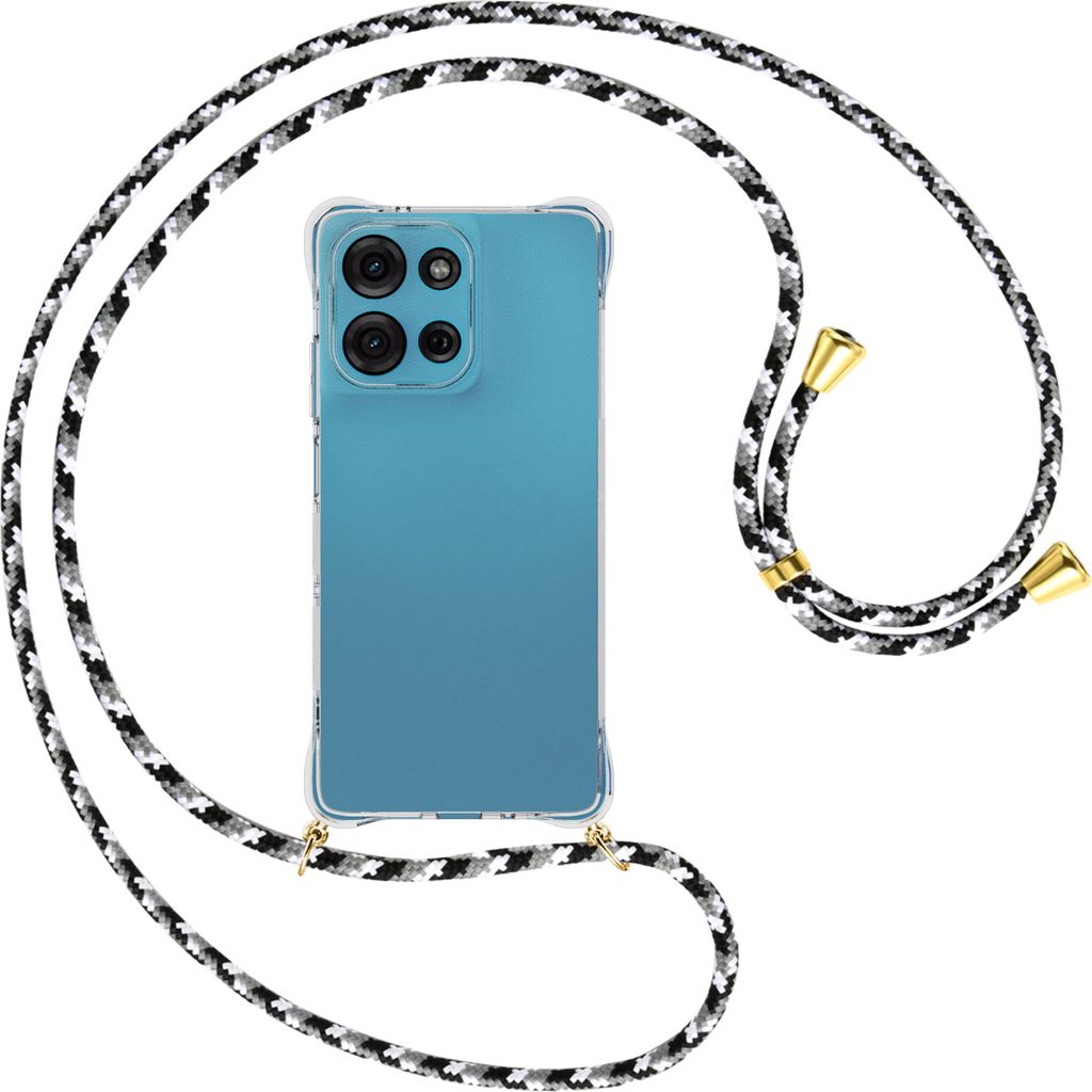 Handykette Backcover-Schutzhülle mit Band (Metall goldfarben) für Motorola Moto G75 5G - schwarz/grau/weiß