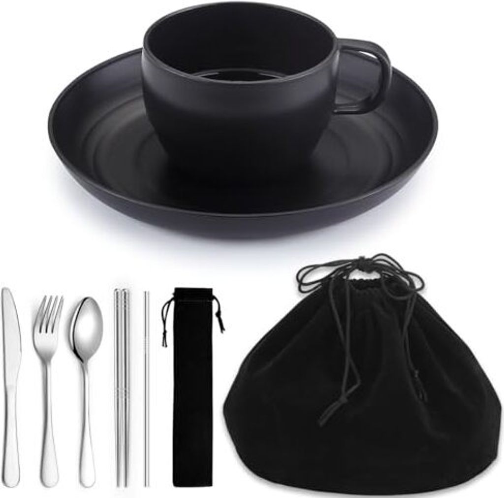 Camping Essentials Set, Homquen Teller Schalen Kaffeetasse, Reise -Besteckset umfassen Löffel, Gabel, Messerarbeiten, Outdoor, Picknick, Camp (sch...