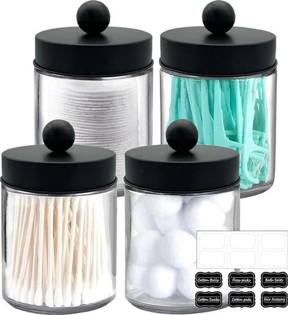 Lot de 4 bocaux en verre pour coton-tige et maquillage, inox noir mat