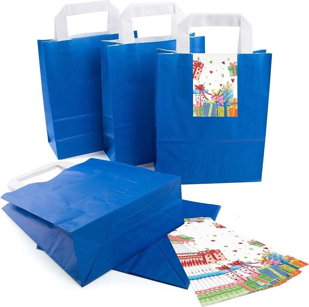 Logbuch-Verlag 5 blaue Papiertüten mit Henkel 18 x 8 x 22 cm + bunte Geschenk Aufkleber - Geschenktüten Geschenkverpackung aus Papier Weihnachten...