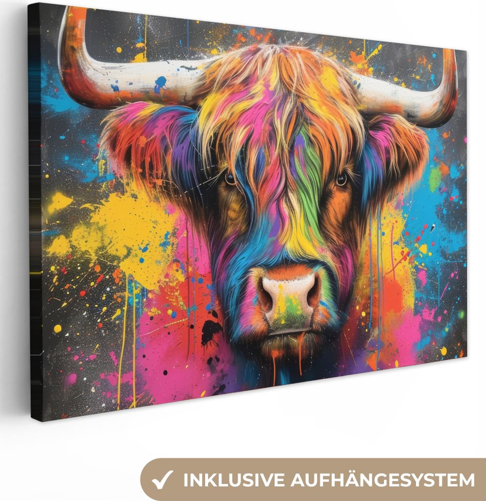 Leinwandbilder 60x40 cm - Graffiti - Schottisches Hochlandrind - Kuh - Farbenfroh, Bilder Wohnzimmer Modern, Wanddeko