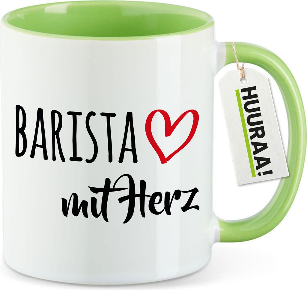 Huuraa Kaffeetasse Barista mit Herz 330ml Grün Keramik Kaffeebecher Geschenkidee