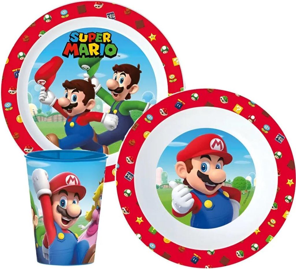 Super Mario und Luigi Kinder Geschirr-Set 3 teilig Becher Teller Schüssel