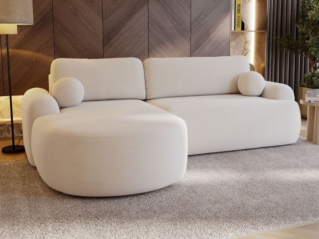 GrainGold Ecksofa L-Form Aurio Links - Ecksofa mit Schlaffunktion, Bettkasten - Moderne Ecksofa, Wohnzimmer Sofa - Eckcouch weiß (Lambi 07)