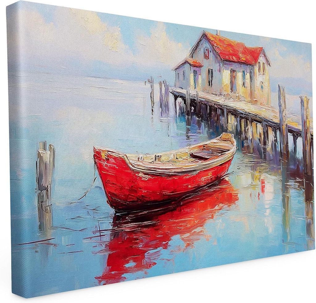Keilrahmen bedruckt - Boot am Steg am See - rot - 20x30 cm - Wandbild auf Künstler Leinwand – matter hochwertiger Kunstdruck - 2cm Holzrahmen