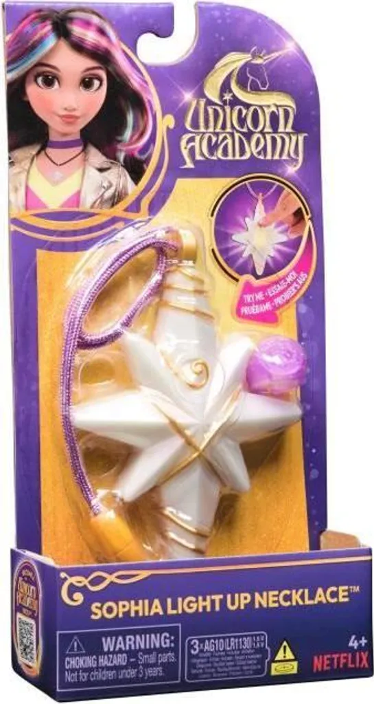Set di gioielli per bambini, collana e anello Sophia Unicorno School, luminosi, funzione demo, 4+ anni, batterie LR1130 incluse