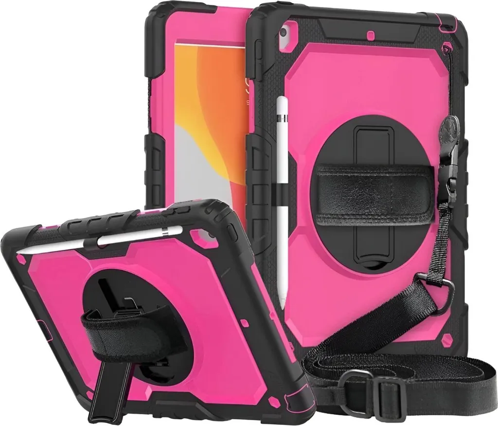 Cover protettiva per iPad 10,2" armata con stilo ad impugnatura girevole rosa